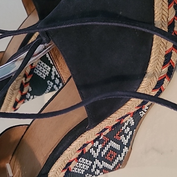Cabi Isla Leather Suede Navy Blue Wedge Heels Espadrilles Sandals Wmns 7.5 Boho - Picture 5 of 14